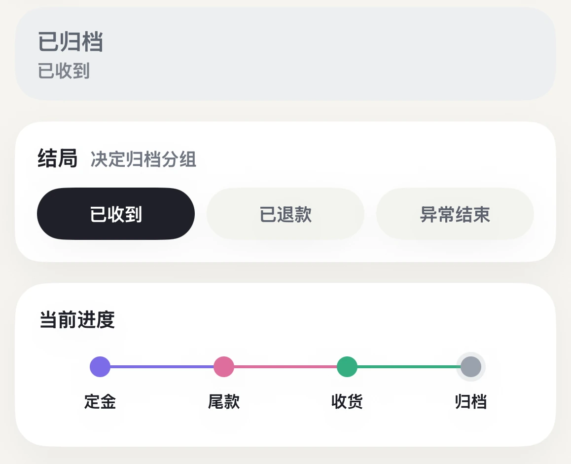 定尾追踪商品详情页展示已归档状态、归档结局和定金、尾款、收货、归档四阶段进度