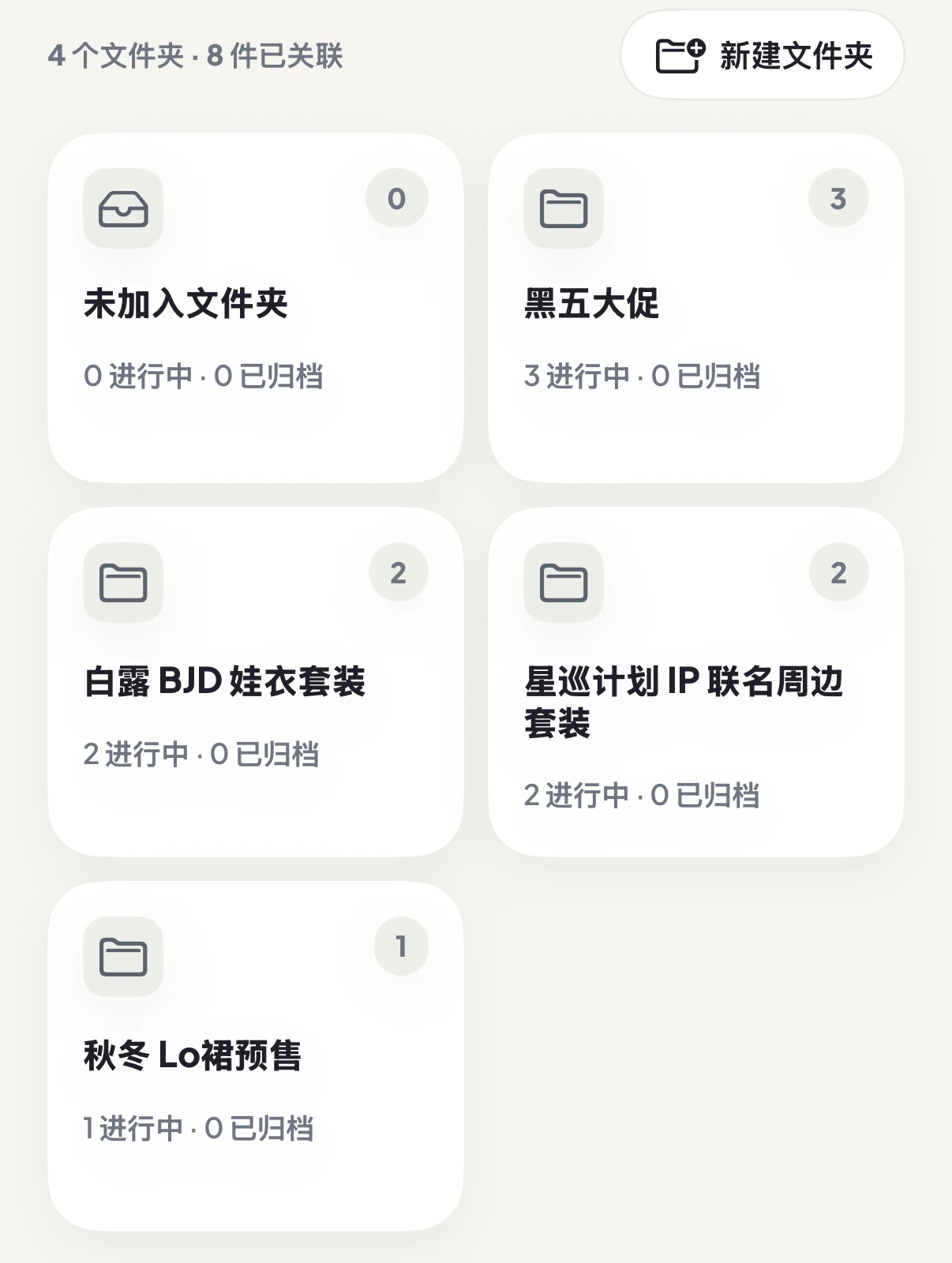 定尾追踪文件夹视图，显示未加入文件夹与黑五大促、BJD 娃衣套装、IP 联名周边套装、Lo裙预售四个文件夹